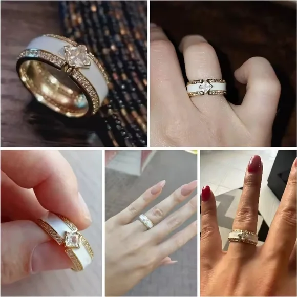 White and Gold Pavé Diamond Inset Bands - Picture 3 of 3